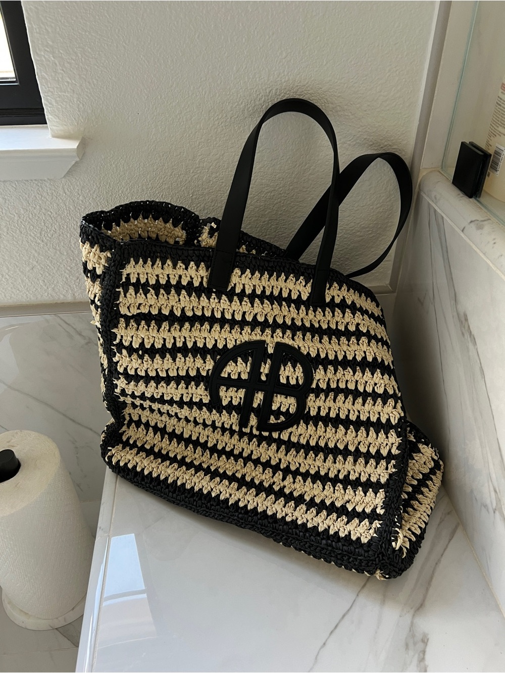Woven Black & Cream Tote Bag with Logo Accent